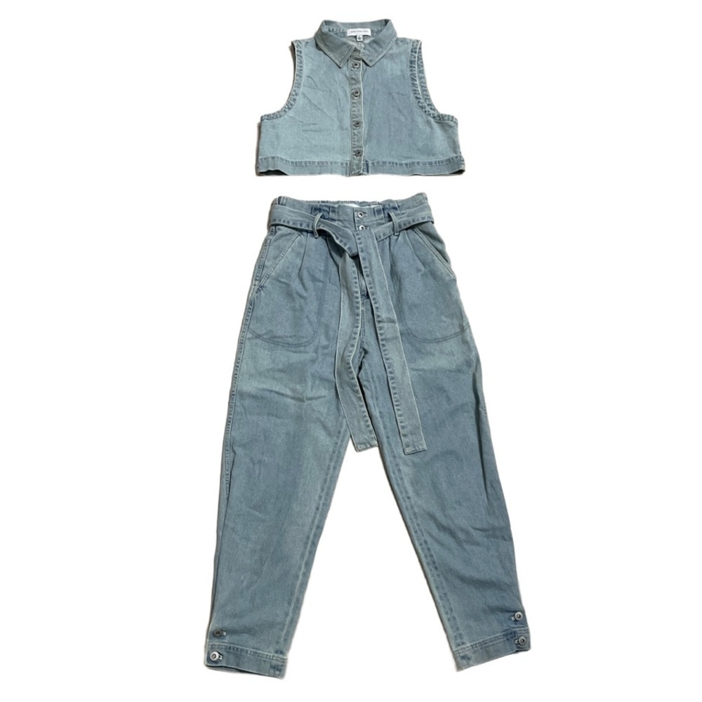 Something Navy Denim Vintage 80s crop top paper bag pant set